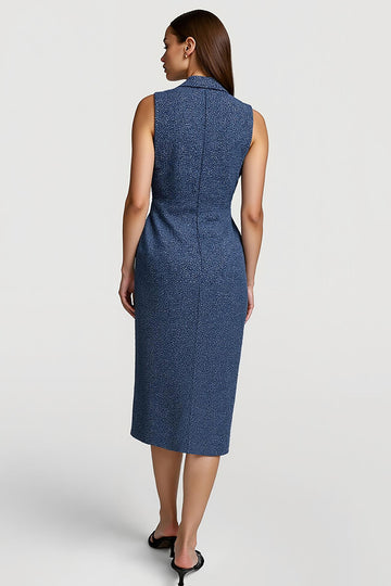 Grey Blue Double Breasted Midi Work Dress